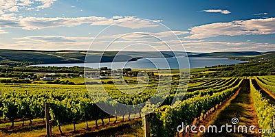 aerial view of neatly arranged vineyard rows in a wine-producing region . Generative AI Stock Photo