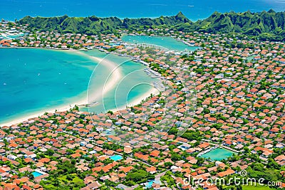 an aerial view of a neighborhood in Papeete. Stock Photo