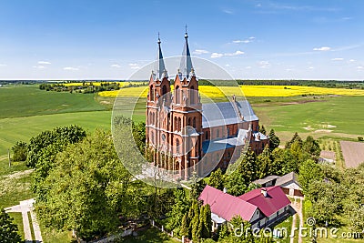 aerial view on neo gothic temple or catholic church in countryside Stock Photo
