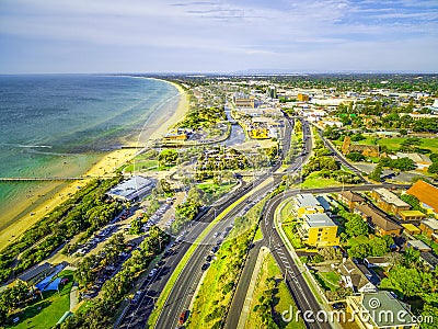 Aerial view of Nepean Highway passing through Frankston suburb on Mornington Peninsula, Melbourne, Australia. Editorial Stock Photo
