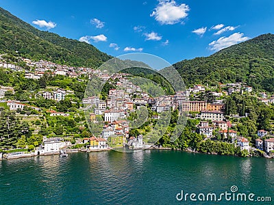 Aerial view of Nesso, a picturesque and colourful village sitting on the banks of Lake Como, Italy Stock Photo