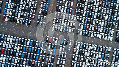 Aerial view new cars parking for sale stock lot row, New cars dealer inventory import export business commercial global, Stock Photo