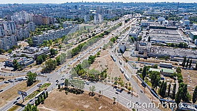 Aerial view of new modern residential Obolon district in Kiev city from above, Kyiv, Ukraine Editorial Stock Photo