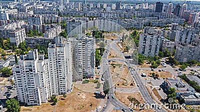 Aerial view of new modern residential Obolon district in Kiev city from above, Kyiv, Ukraine Editorial Stock Photo