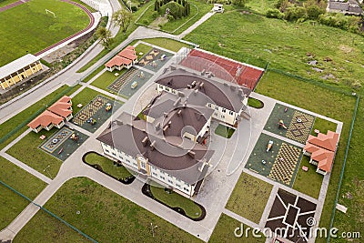 Aerial view of new prescool building in residential rural area Stock Photo