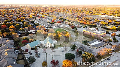 Aerial view new suburban houses neighborhood with church and master planned community in Coppell, Texas, USA Stock Photo