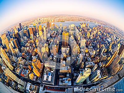 Aerial view of New York City at sunset Stock Photo