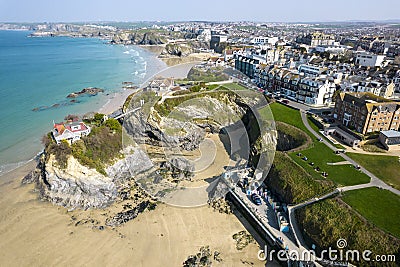 The aerial view of Newquay beach, Cornwall, England, UK Stock Photo