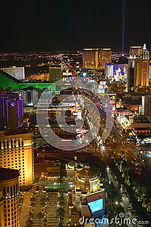 Aerial view at night from Eiffel Tower of Las Vegas Strip and neon lights, Las Vegas, NV Editorial Stock Photo