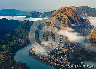 Aerial view of Nong Khiaw village at sunrise, Luang Prabang, Laos Stock Photo