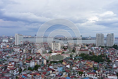 Aerial view of north West lake in Tay Ho district. Hanoi cityscape at twilight Stock Photo