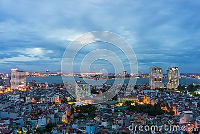 Aerial view of north West lake in Tay Ho district. Hanoi cityscape at twilight Stock Photo