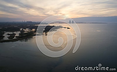 Aerial view of a nuclear powerplant in the city of Energodar, Ukraine. Winter landscape Stock Photo