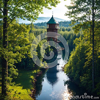Aerial view of observation tower with Finnish flag among blue lakes and green forests in summer Finland. Aulanko Stock Photo