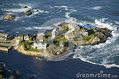 Aerial view of ocean-front homes on Perkins Cove, on coast of Maine south of Portland Stock Photo