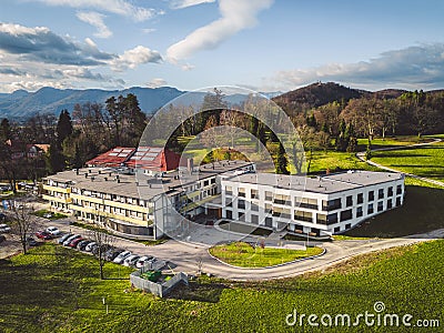 Aerial view of office buildings on a remote location in the country side of Slovenia Stock Photo