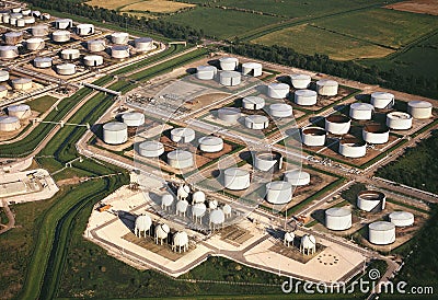 Aerial view - Oil Refinery Storage Tanks Stock Photo