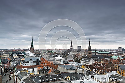 Aerial view of old downtown of Copenhagen City from the Round Tower Rundetaarn and Nikolaj Copenhagen Contemporary Art Center Stock Photo