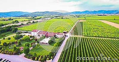 Aerial view of an old farmhouse in the vineyards near Soave, Italy. Stock Photo