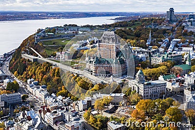 Aerial View of Old Quebec City in the Fall Season, Quebec, Canada Stock Photo