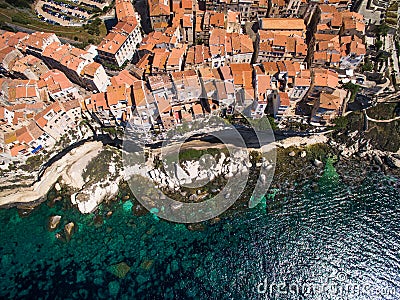 Aerial view of the Old Town of Bonifacio, the limestone cliff Stock Photo