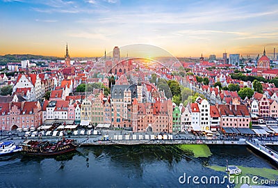 Aerial view of Old Town of Gdansk on sunset Stock Photo