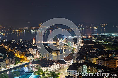 Aerial view of old town of Lucerne, wooden Chapel bridge, stone Stock Photo