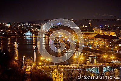 Aerial view of Old Town and Prague Castle at sunset in Prague, Czech Republic Prague bridges at dusk, shot from a bird`s eye view Editorial Stock Photo