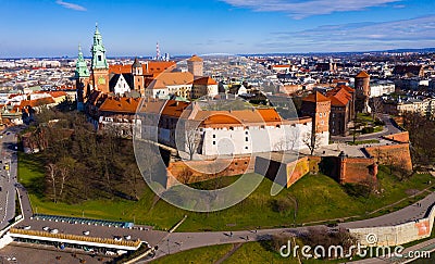 Aerial view of old Wawel Castle by the river in Krakov Stock Photo