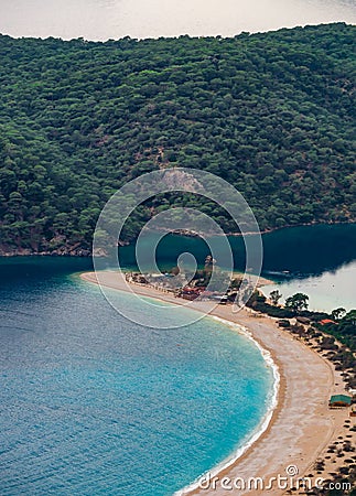 Aerial view of Oludeniz beach, Fethiye district, Turkey. Turquoise Coast of southwestern Turkey. Blue Lagoon on Lycian Way. Stock Photo