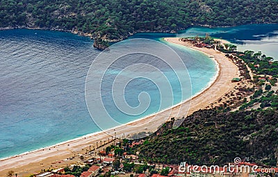 Aerial view of Oludeniz beach, Fethiye district, Turkey. Turquoise Coast of southwestern Turkey. Blue Lagoon on Lycian Way. Stock Photo