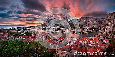 Aerial View of Omis and Cetina River at Dramatic Sunset, Dalmati Stock Photo