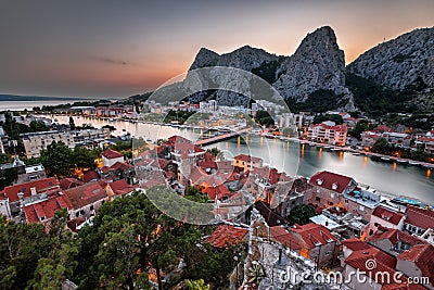 Aerial View on Omis and Cetina River Gorge in the Evening Stock Photo