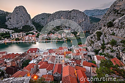 Aerial View on Omis and Cetina River Gorge in the Evening Stock Photo