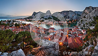 Aerial View of Omis Old Town and Cetina River Gorge, Dalmatia, C Stock Photo