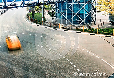 Aerial view one car on the move pattern empty highway in great with median stripes Stock Photo