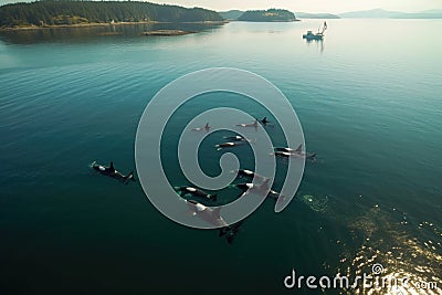 aerial view of orcas circling a group of sealions Stock Photo