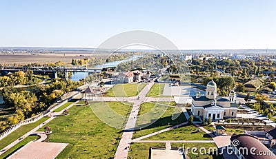 Aerial view of Orthodox cathedral, Peacekeepers bridge, with Bendery city on river of Dniester, breakaway Transnistria republic. Stock Photo