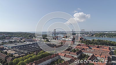 Aerial view over area named Majorna, river and suspension bridge in Gothenburg, Sweden. Stock Photo