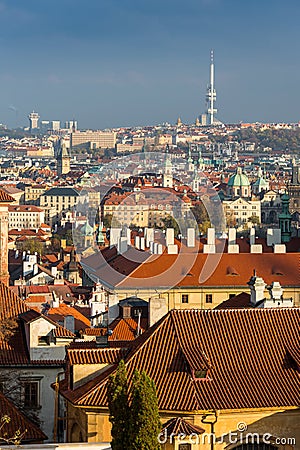 Aerial view over Church of Our Lady before Tyn, Old Town and Prague Castle at sunset in Prague, Czech Republic Stock Photo