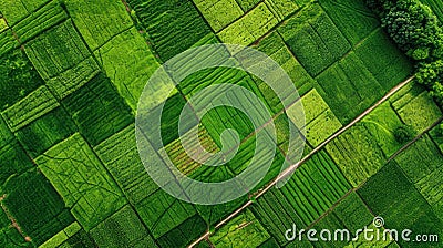 aerial view over green and yellow meadows. Stock Photo
