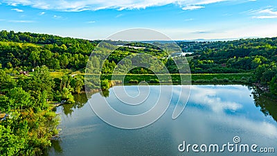 Aerial view over lake dam, weekend resort in woodland near water Stock Photo