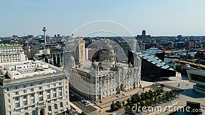 Aerial view over Liverpool Pier Head and the Three Graces - travel photography Editorial Stock Photo