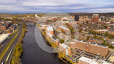 Aerial View Over Manchester New Hampshire Merrimack River Stock Photo