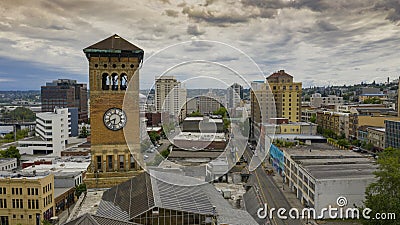 Aerial View Over The Old City Hall Clock Tower and Downtown Tacoma Washington Stock Photo