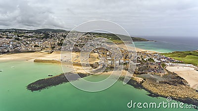 St Ives panorama with sandy beaches, port, houses . Stock Photo