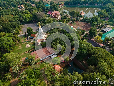 Aerial view Pagoda of Wat Phra That Bang Phuan is the old temple in Nongkhai of Thailand Stock Photo