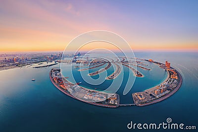 Aerial view of The Palm Jumeirah Island, Dubai Downtown skyline, United Arab Emirates or UAE. Financial district and business area Stock Photo