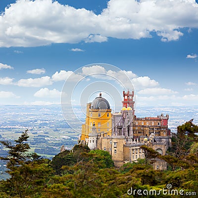 Aerial view of PalÃ¡cio da Pena / Sintra, Lisboa / Portugal Stock Photo