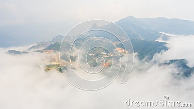 Aerial view of panorama landscape at the hill town in Sapa city, Vietnam with the sunny light and sunset, mountain view in the Stock Photo